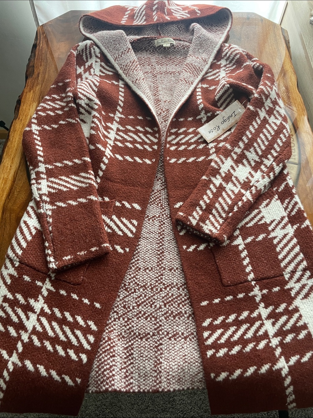 Open Front Plaid Hooded Cardigan Sweater Fall Boho Cabin Core Western